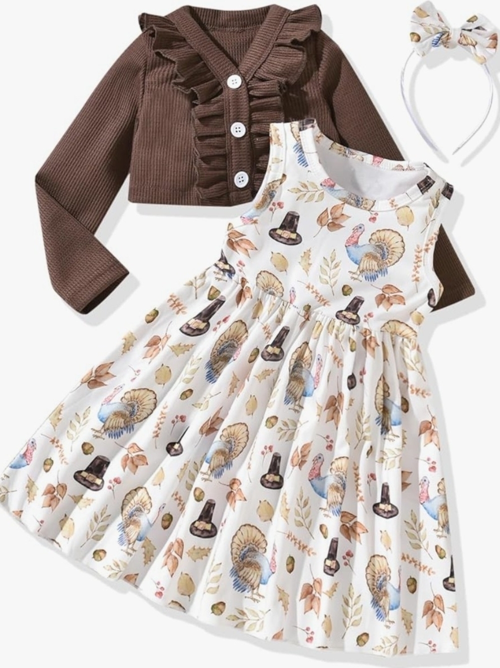 Girls Brown Cardigan and White Turkey Print Dress Set